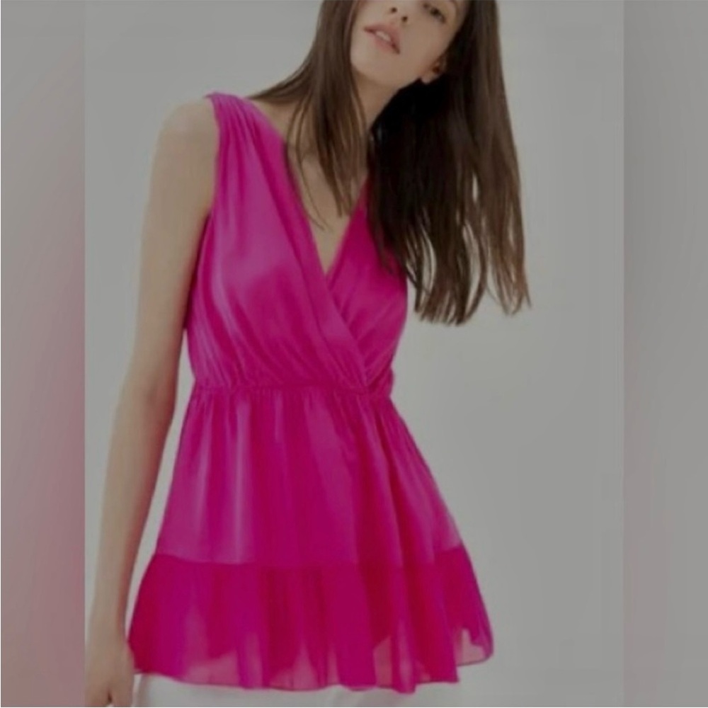 Fracomina Fuchsia Pink Silk-Look Wrap Peplum Tank Top Size Large - Made in Italy
